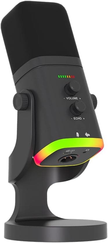 USB/XLR Desktop Dynamic Microphone with RGB Light, Noise Reduction & Mute Button for Podcast Recording, PC Computer Gaming Streaming Mic with RGB Light, Mute Button, Headphones Jack (Black)