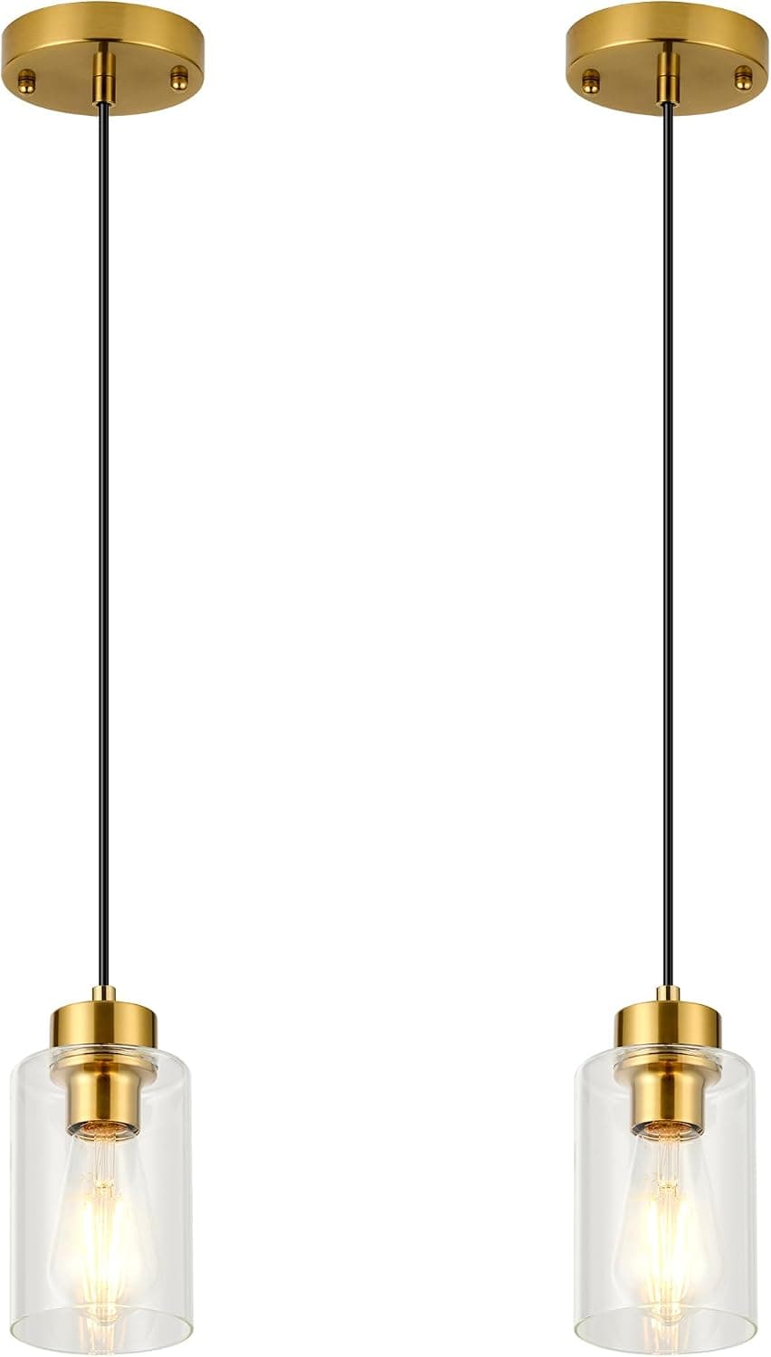Pendant Lights Kitchen Island, Brushed Brass Pendant Light Fixtures with E26 Base & Adjustable Cable, Modern Pendant Lighting with Glass Shade for Living Room Bedroom Hallway, 2 Packs