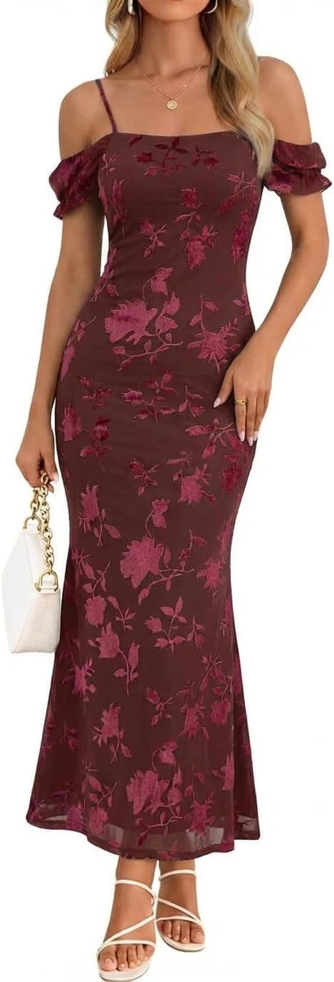 MEROKEETY Women's 2026 Summer Off The Shoulder Spaghetti Strap Floral Mesh Wedding Guest Cocktail Formal Party Maxi Dresses