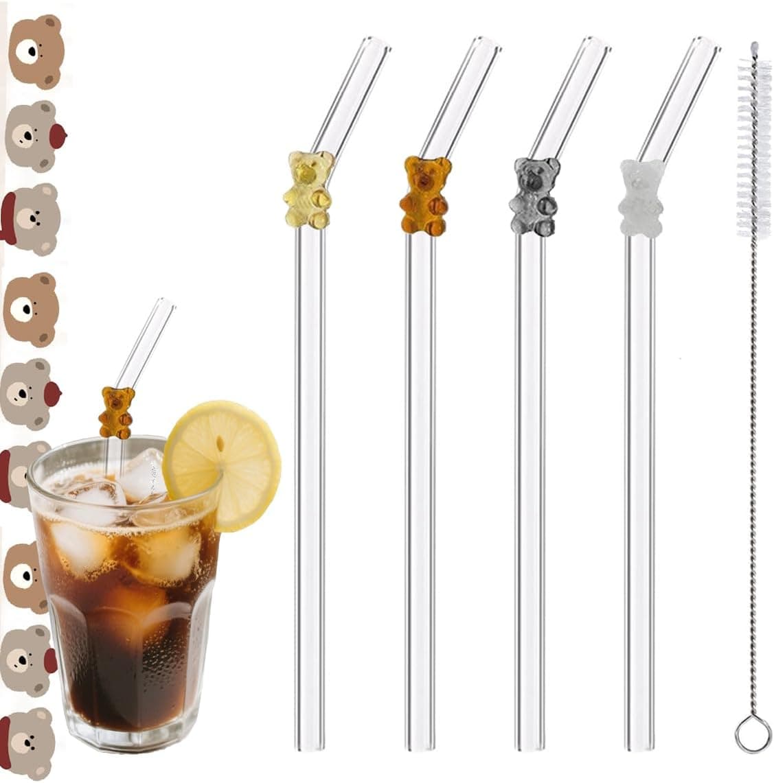 Glass Drinking Straws with Decorative Red Charms, 8 inch, Set of 8 with Cleaning Brush