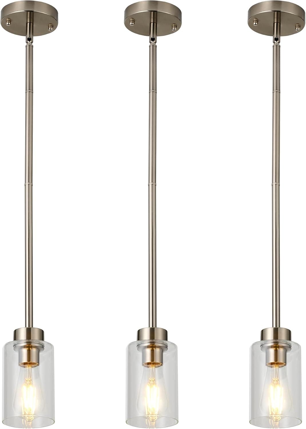 Modern 3 Pack Hanging Pendant Lighting Fixtures Brushed Nickel,Pendant Light Clear Glass Shade, Adjustable Hanging, Kitchen Island, Dining Room, Hallway, Ceiling Lamp