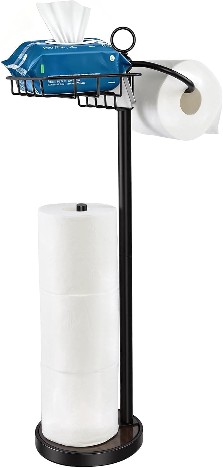 Toilet Paper Holder Stand,Large Capacity Toilet Paper Holder for 4 Rolls Storage,Stable Weighted Base Stainless Steel Rustproof Free Standing 23" H for Bathroom (Basket-Black)