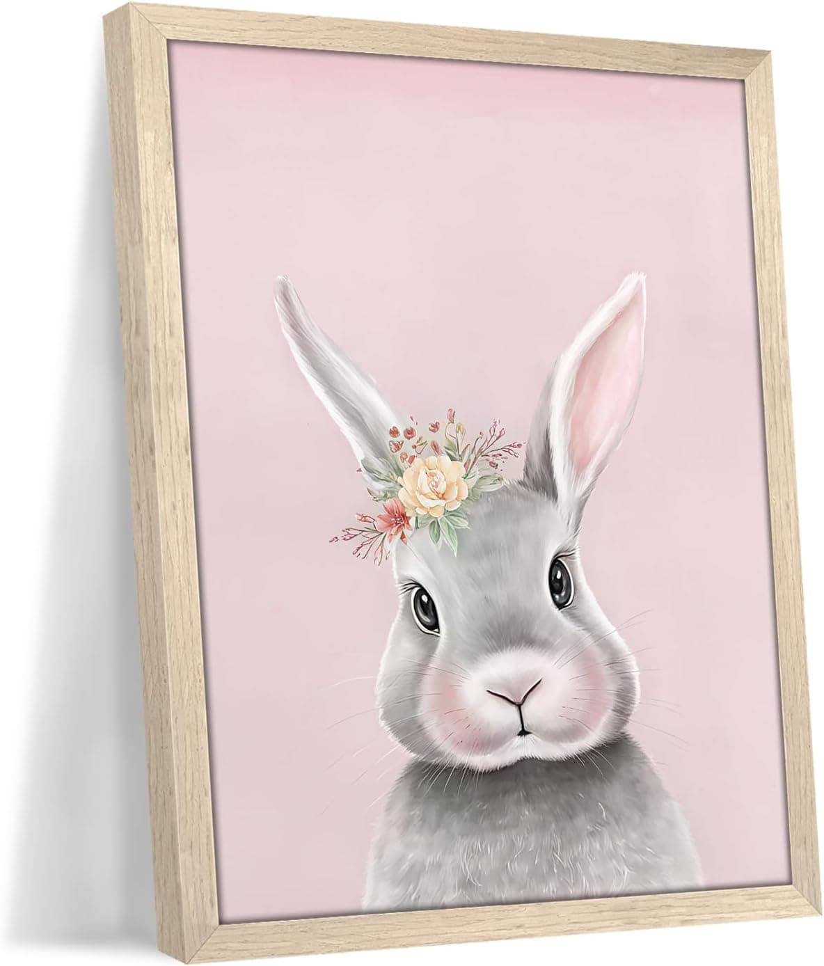 Pink Easter Bunny Rabbit Wall Art, Cute Rabbit Easter Canvas Print Paintings, Rustic Farmhouse Spring Flower Animal Wall Decor for Nursery Girls Room Bedroom Kids Room 8x10 Inch Framed