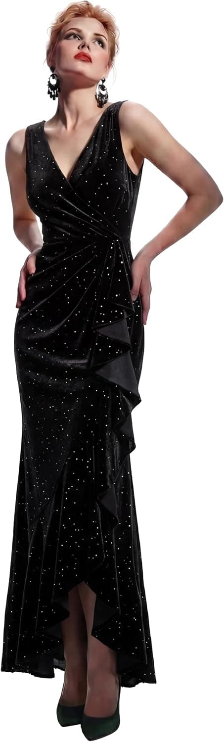 Women's Sequin Formal Dress V-Neck Long Ruffle Bridesmaid Gowns Sparkly Evening Party Dresses