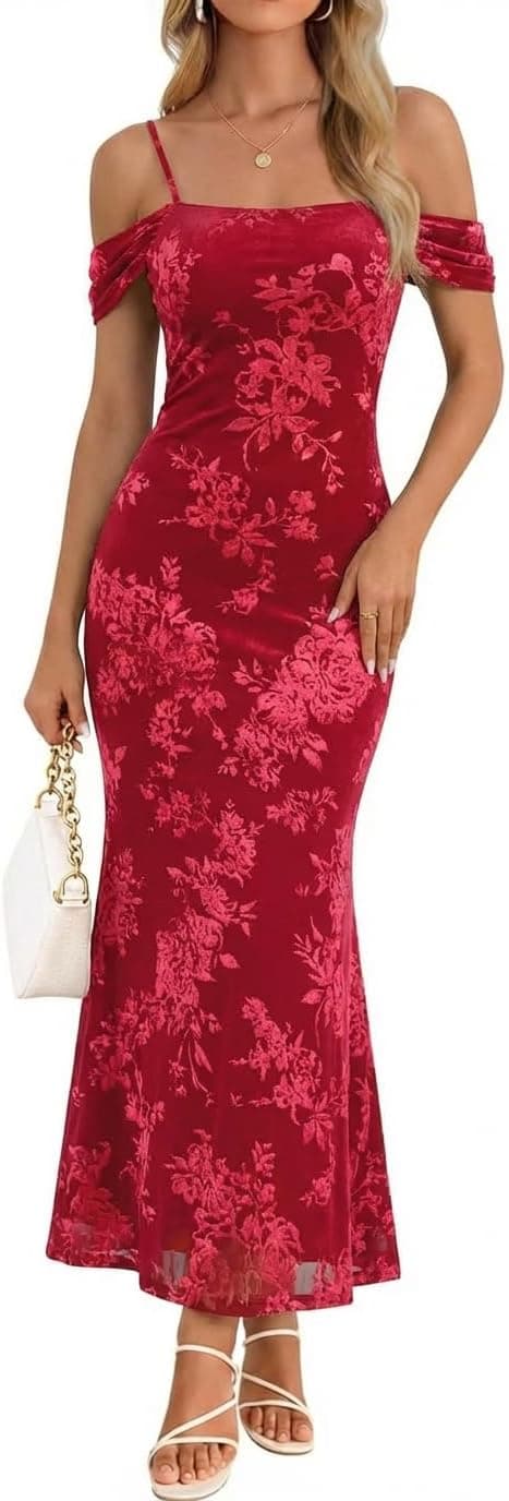 MEROKEETY Women's 2026 Summer Off The Shoulder Spaghetti Strap Floral Mesh Wedding Guest Cocktail Formal Party Maxi Dresses