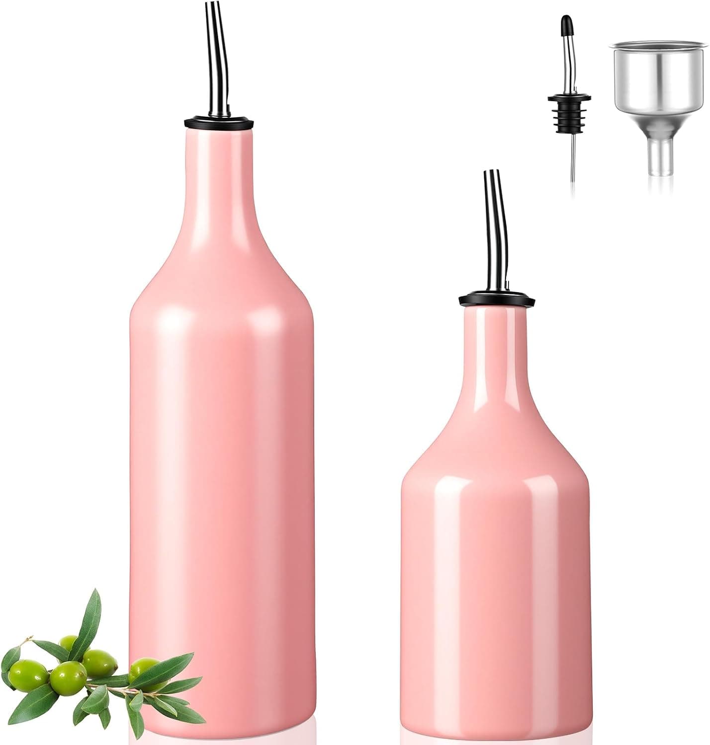 FoldTier Set of 2 Ceramic Pink Olive Oil Dispenser Bottle for Kitchen with Stainless Steel Spout Large Capacity for Storage of Oil, Vinegar, Coffee Syrups & Other Liquids