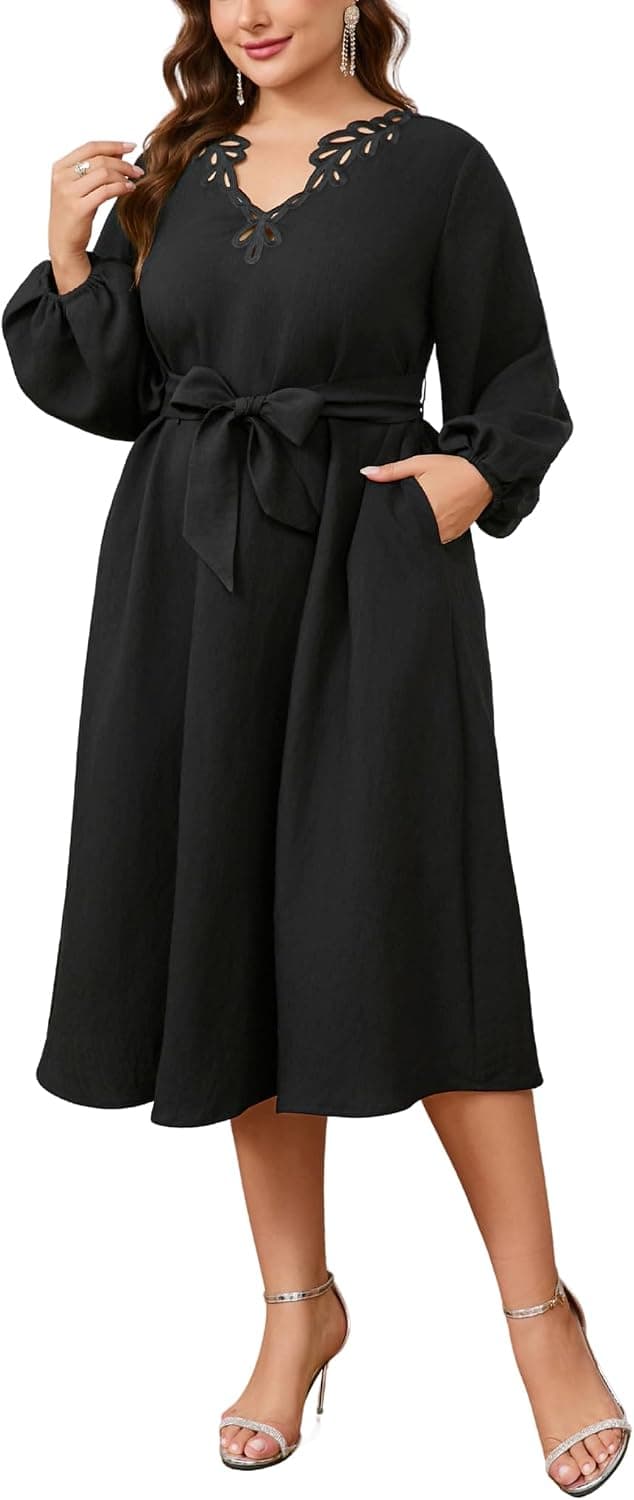 Plus Size Work Dresses for Women Long Sleeve V Neck Cutwork A Line Semi Formal Funeral Midi Dress with Belt Pockets