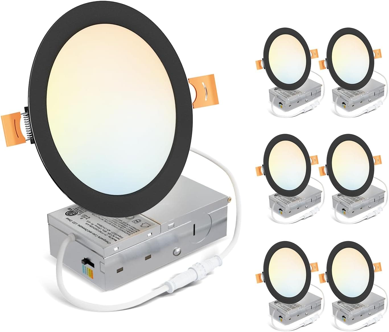 LVWIT Ultra-Thin Recessed Lighting 6 Inch with Junction Box, 1200LM 2700K-5000K 5CCT LED Ceiling Lights, Dimmable Canless Wafer Downlight, ETL,FCC&IC, Smooth Trim, 6 Pack Black