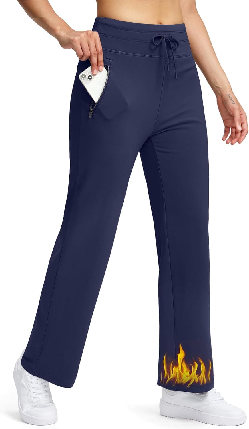 Soothfeel Women's Fleece Lined Pants 29" High Waisted Zipper Pockets Winter Warm Thermal Sweatpants Snow Hiking Lounge Pants