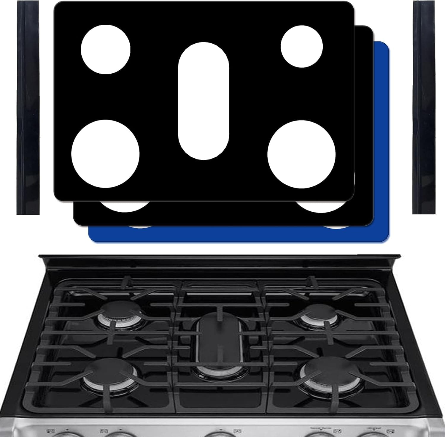 Stove Guard for LG Stove, Compatible with 30-inch Gas Ranges – Non-Stick Double Thickness Reusable Stove Top Cover, 2 Pack Black + 1 Pack Blue with Stove Gap Covers