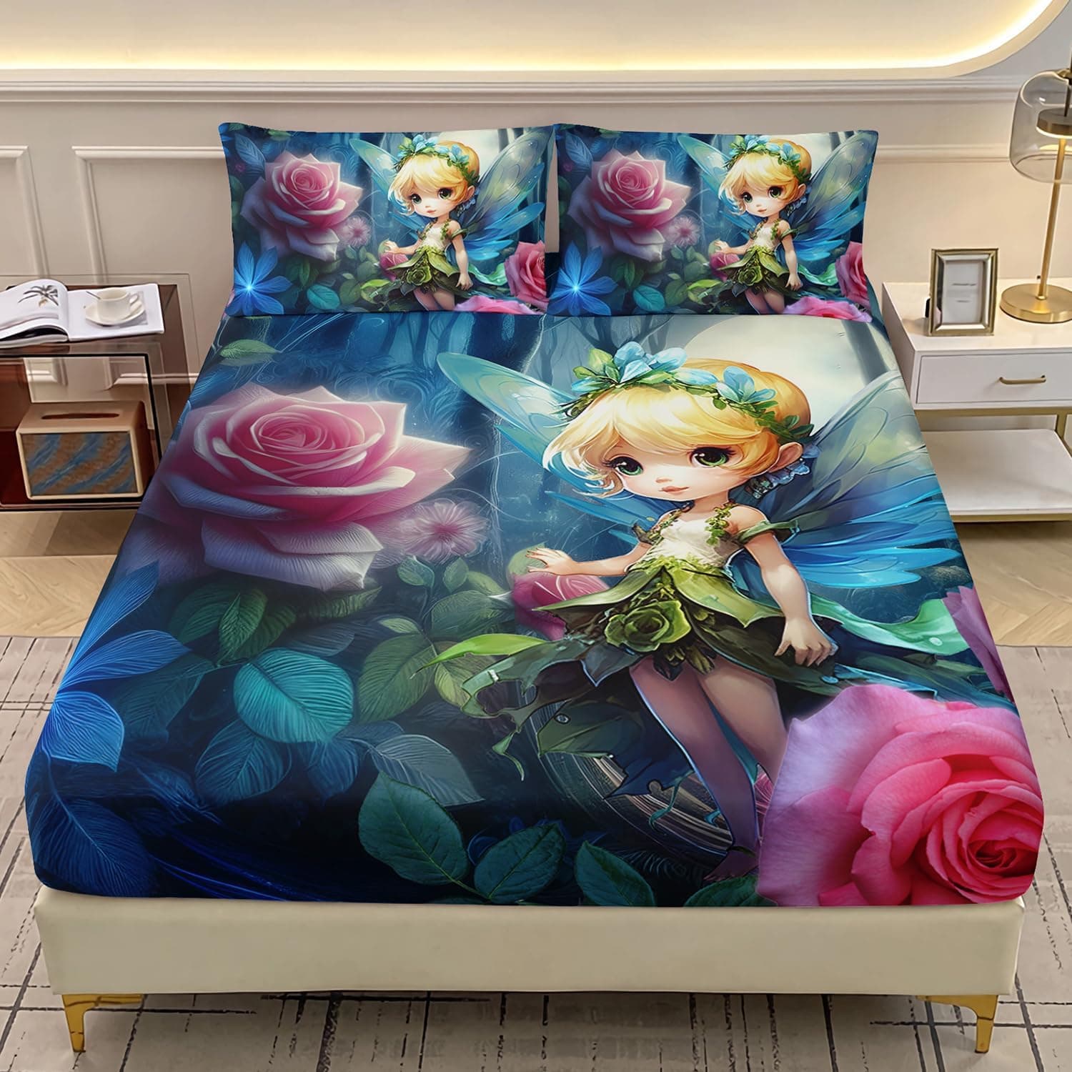 Cartoon Fairy Fitted Sheet Set Twin Size, Beautiful Fairy Princess Bed Sheet Set,Pink Rose Theme Bedding Set for Kids,Girls,3-Piece,1 Fitted Sheet and 2 Pillowcases