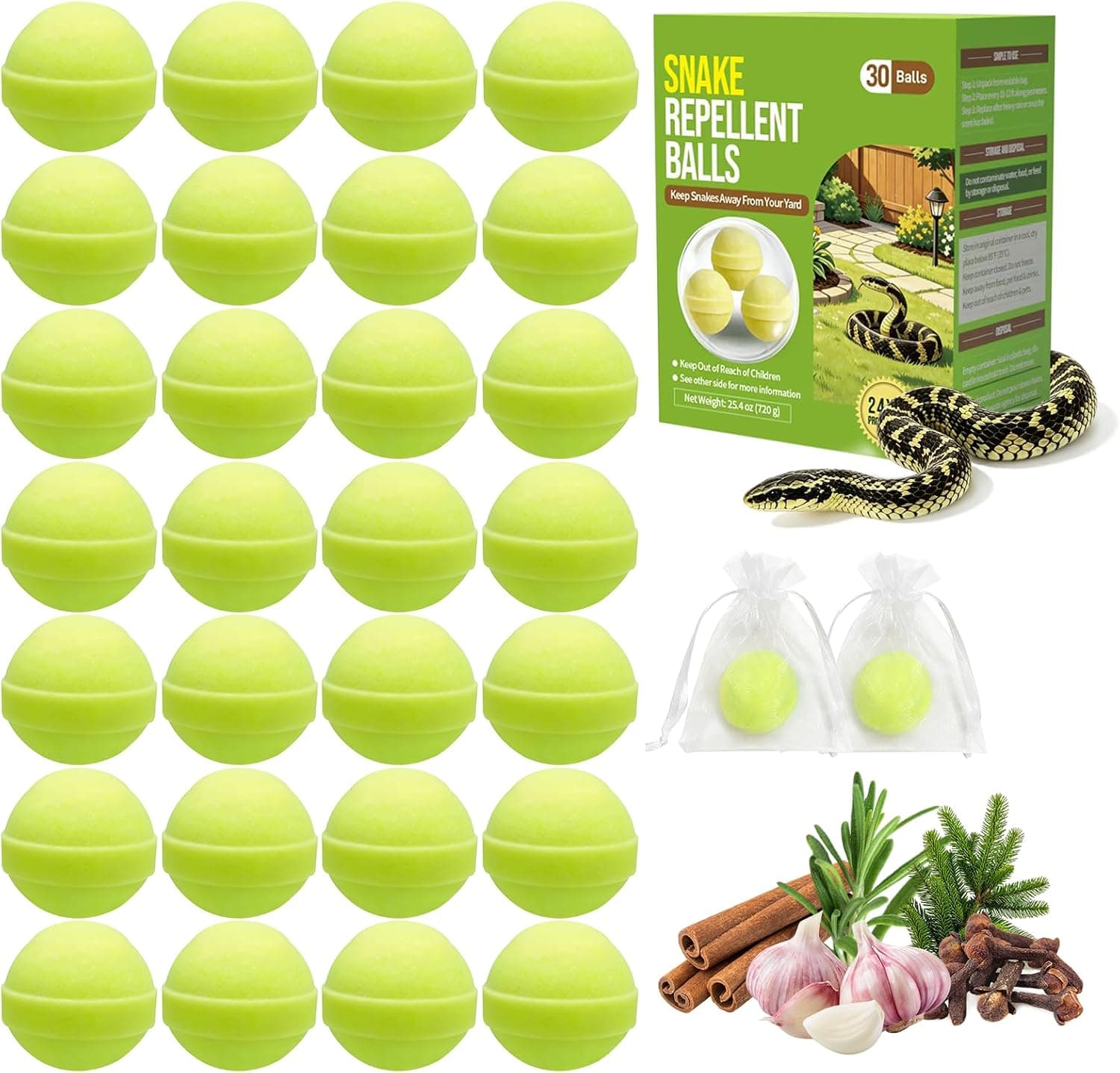 30 PCS Snake Repellent for Yard Powerful, Snake Away Repellent for Outdoors Garden Lawn Basement, Long Lasting Snake Repellent Balls for Home Daily Snake Defense, Plant-Based Formula Pets & Kids Safe