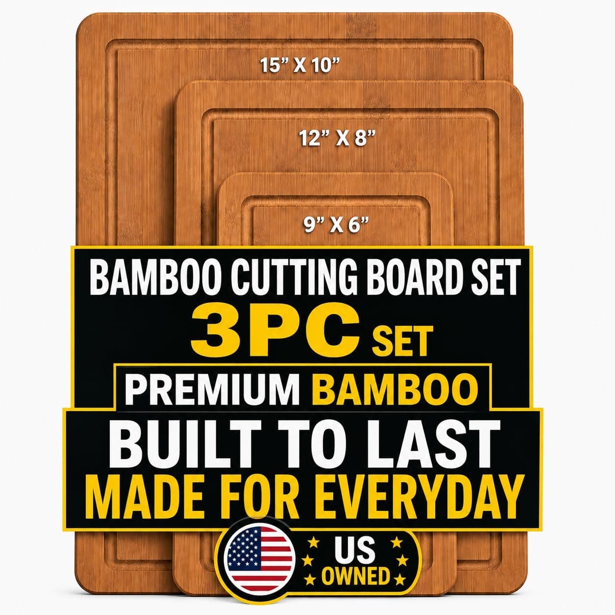 Bamboo Cutting Board Set of 3 Cutting Boards for Kitchen | Wooden Cutting Board Set with Deep Juice Grooves & Non-Slip | Chopping Board Set | Large Medium Small