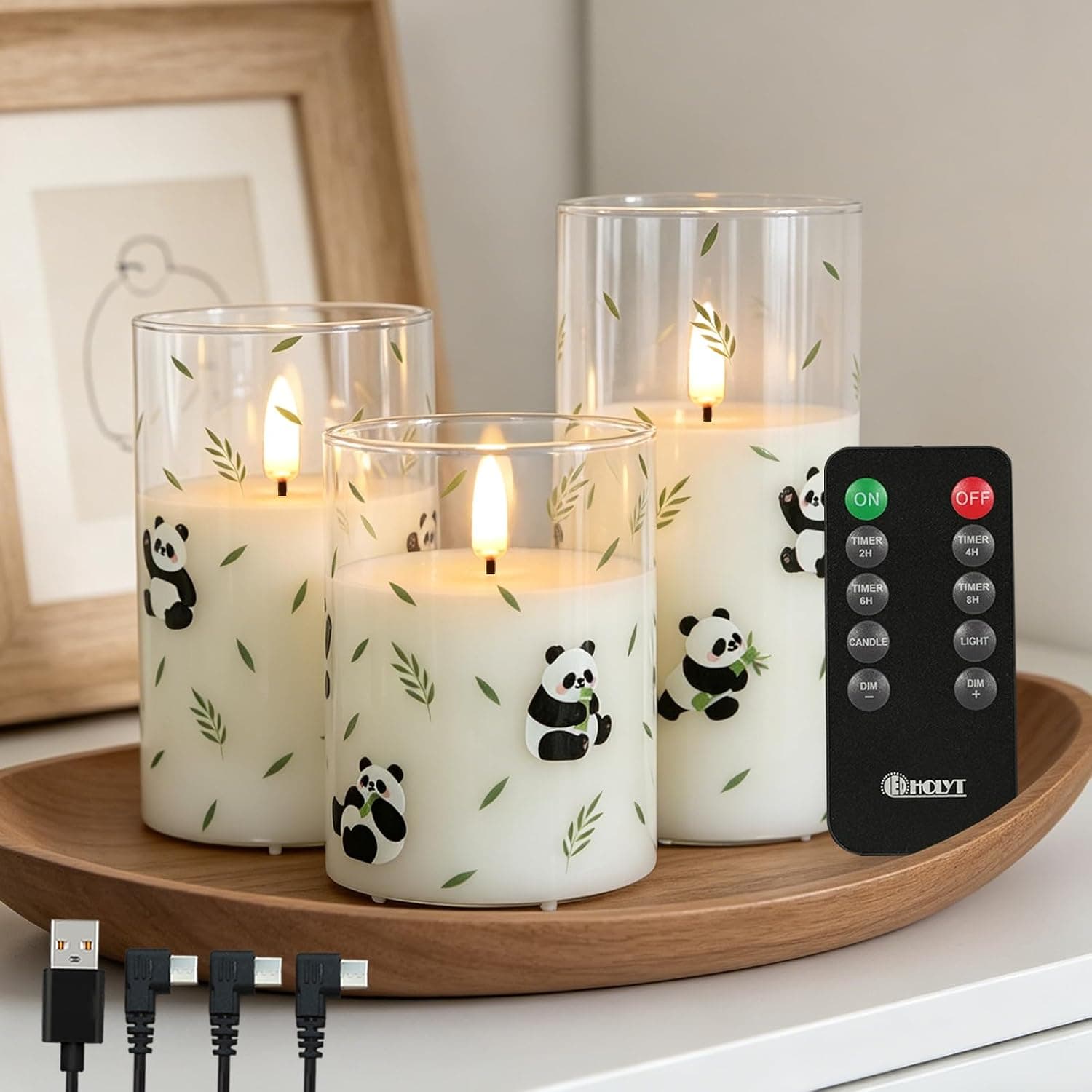 LEDHOLYT Rechargeable Flameless Panda Glass Candles, Real Wax Candles Warm Color Flickering Light with Remote and Timer,Festival Home Decor Gifts for Women(Pack of 3)-Panda