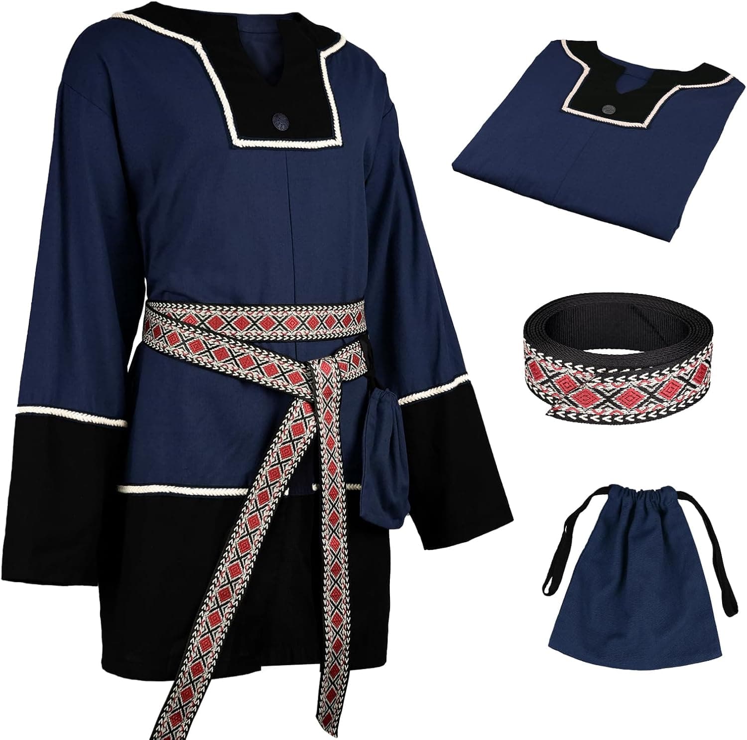 HiiFeuer 3 PCs Medieval Tunic Set, Renaissance Patchwork Top Costume Sash Belt Drawstring Canvas Bag Pirate Shirt Ren Faire