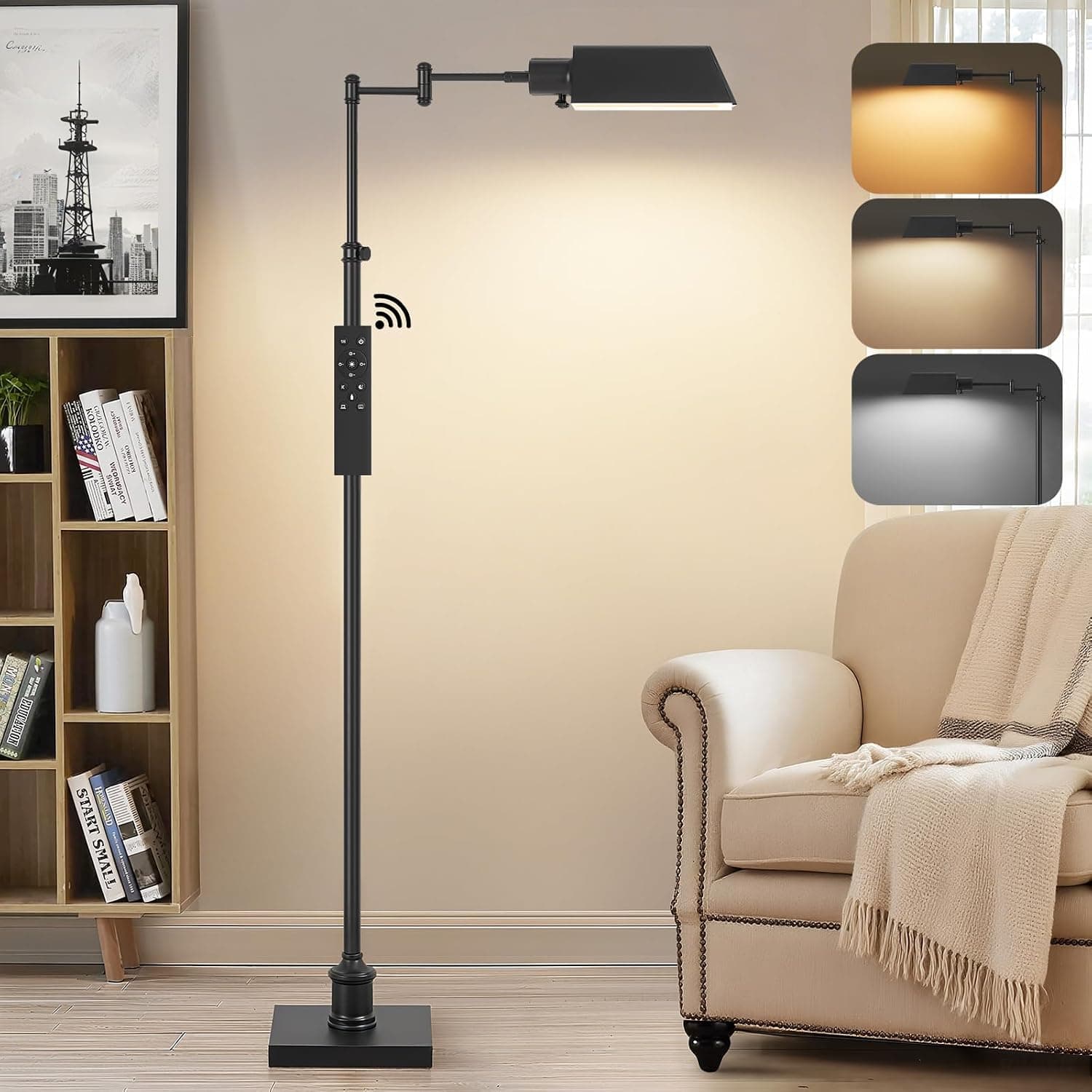 Traditional Height Adjustable Pharmacy Floor Lamp with 350° Swing Arm, Color Temperature Adjustable Standing Lamp Metal Shade for Living Room Reading House Bedroom Home Office(Black)
