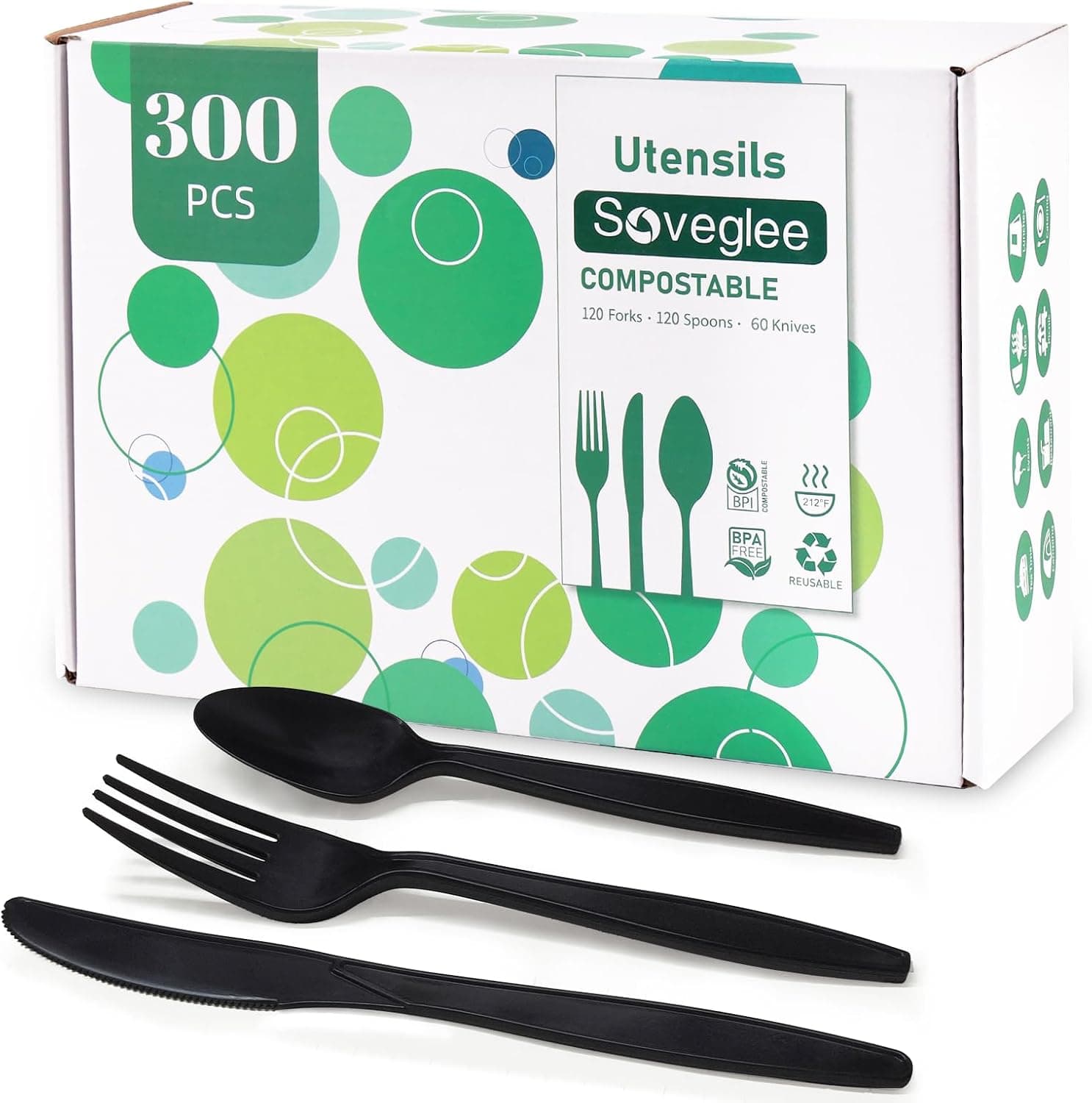 300 Piece Black Compostable Silverware Set, Heavy Duty Disposable Cutlery with 120 Forks, 120 Spoons & 60 Knives, Plant-Based Eco-Friendly Utensils with Storage Box for Wedding, Party, BBQ & Catering