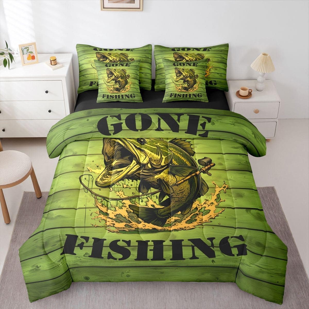Erosebridal Big Pike Fish Hunting Green King 7-Piece Comforter Set