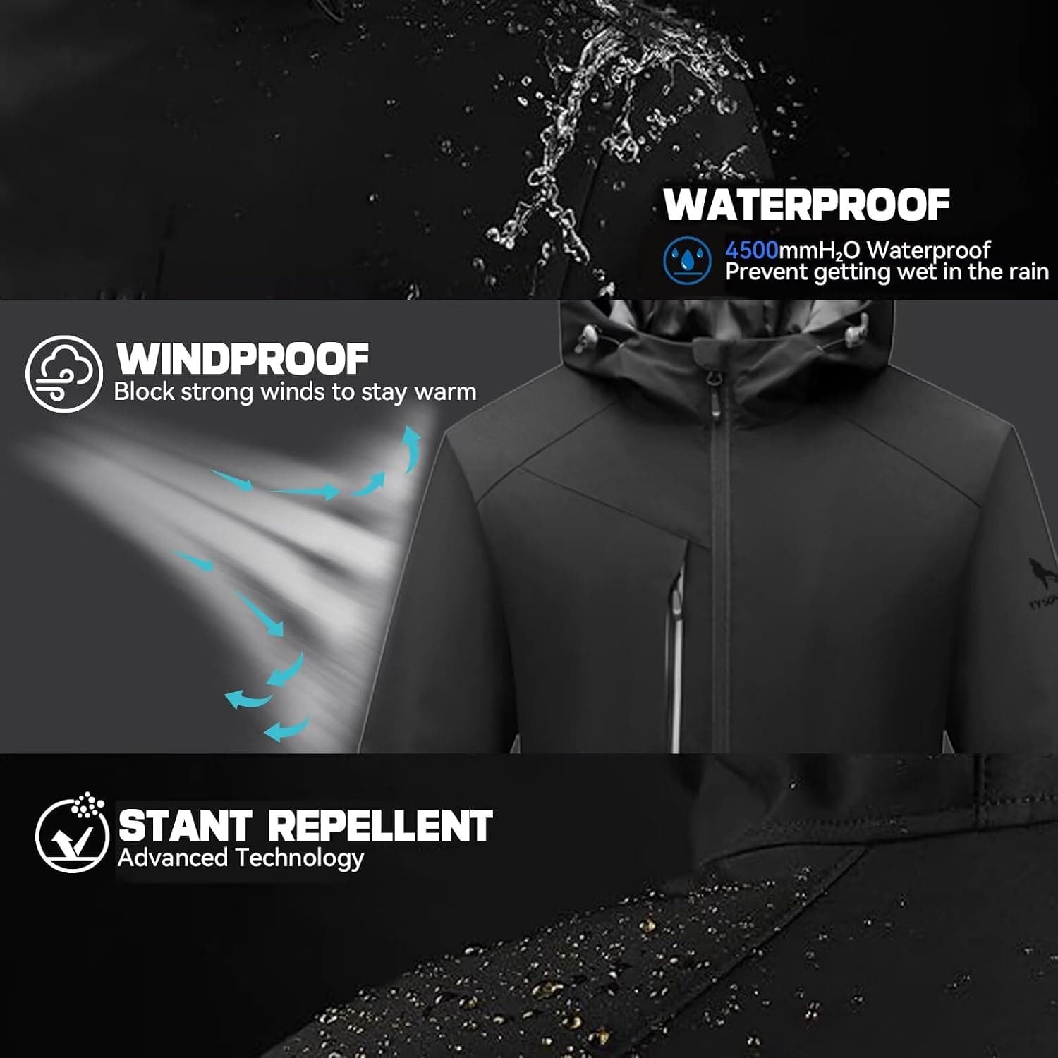 TYSON WOLF Men's Hooded Softshell Jacket Waterproof Zip Up Lightweight Windbreaker Fleece Lined Rain Shell Jacket Casual