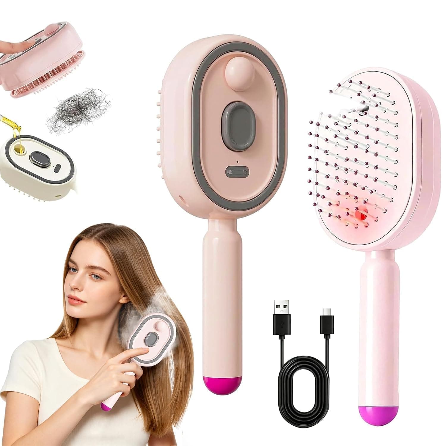 Electric Spray Air Cushion Massage Comb, 3 in 1 Self-Clean Detangling Brush