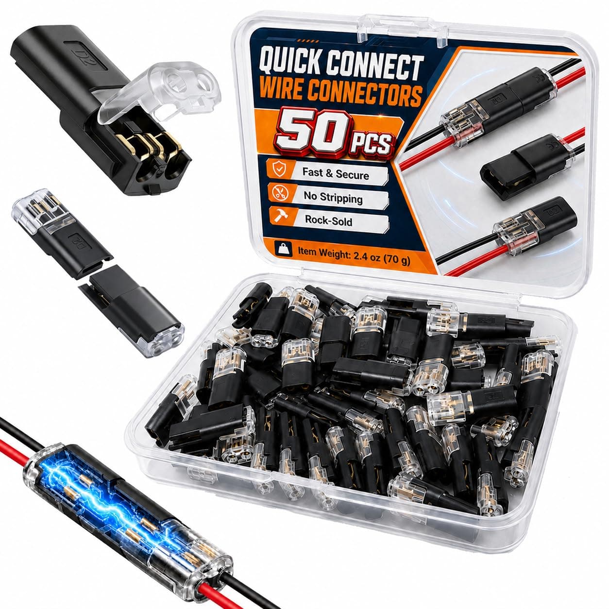 Low Voltage Wire Connectors 2 Pin, Double Wire Plug-in Connector, Quick Splice Terminal for LED Strip Lights, Automotive & Speaker Wiring, No Strip Needed, (200)