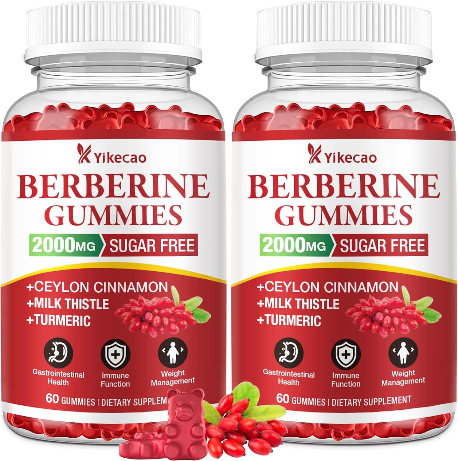 2 Pack Berberine Gummies with Ceylon Cinnamon, 2000mg Berberine HCL Supplement for Women & Men, Sugar Free, Vegan, Gluten-Free, Raspberry Flavor-120 Count