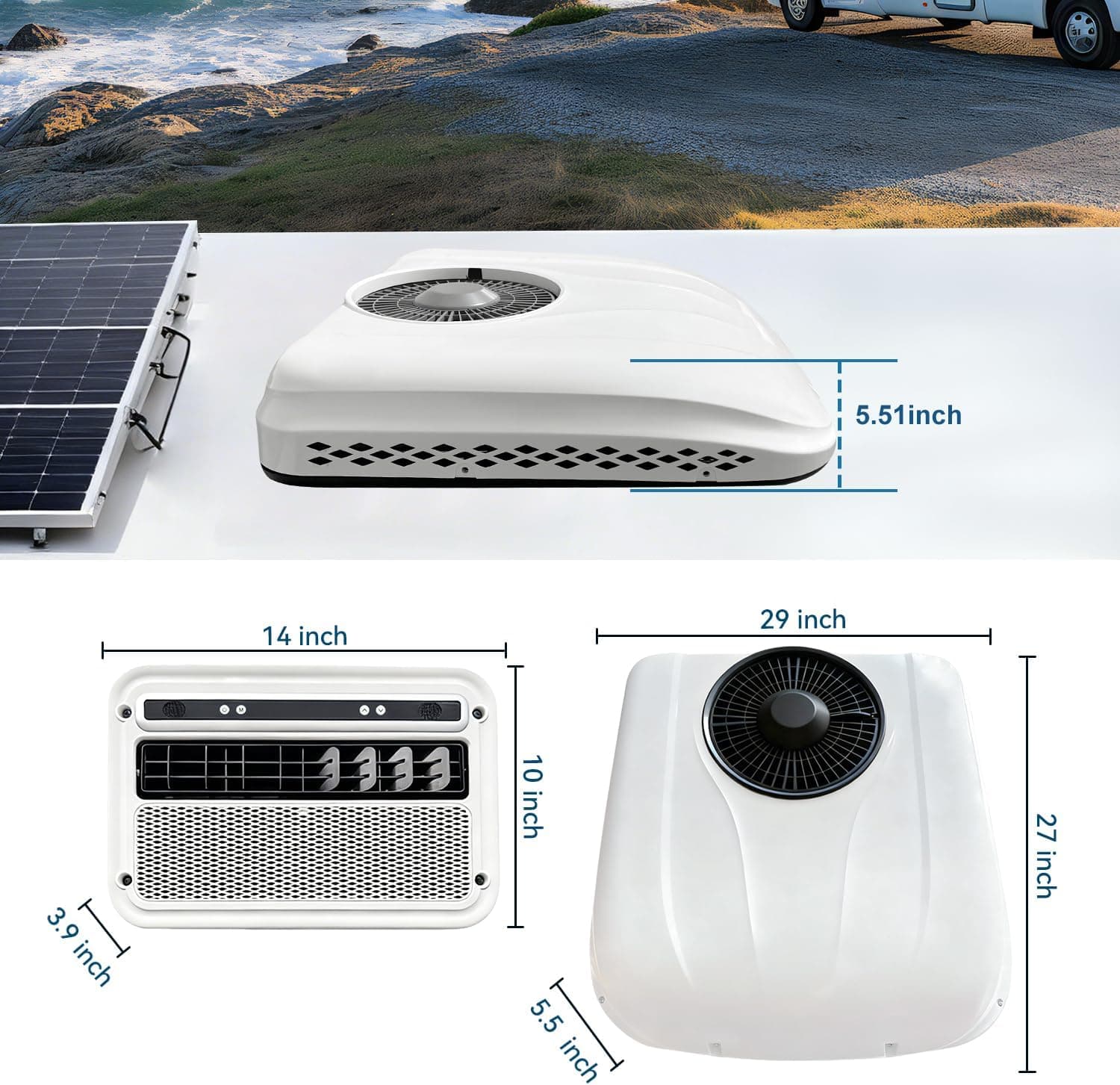12v RV Rooftop DC air conditioner 8000BTU 12 Volt Ultra-thin Electric Parking Air Conditioner 12V A/C Unit Fit for Motorhome Camper Van Truck Excavator Off-road Vehicle SUV Bus New Energy