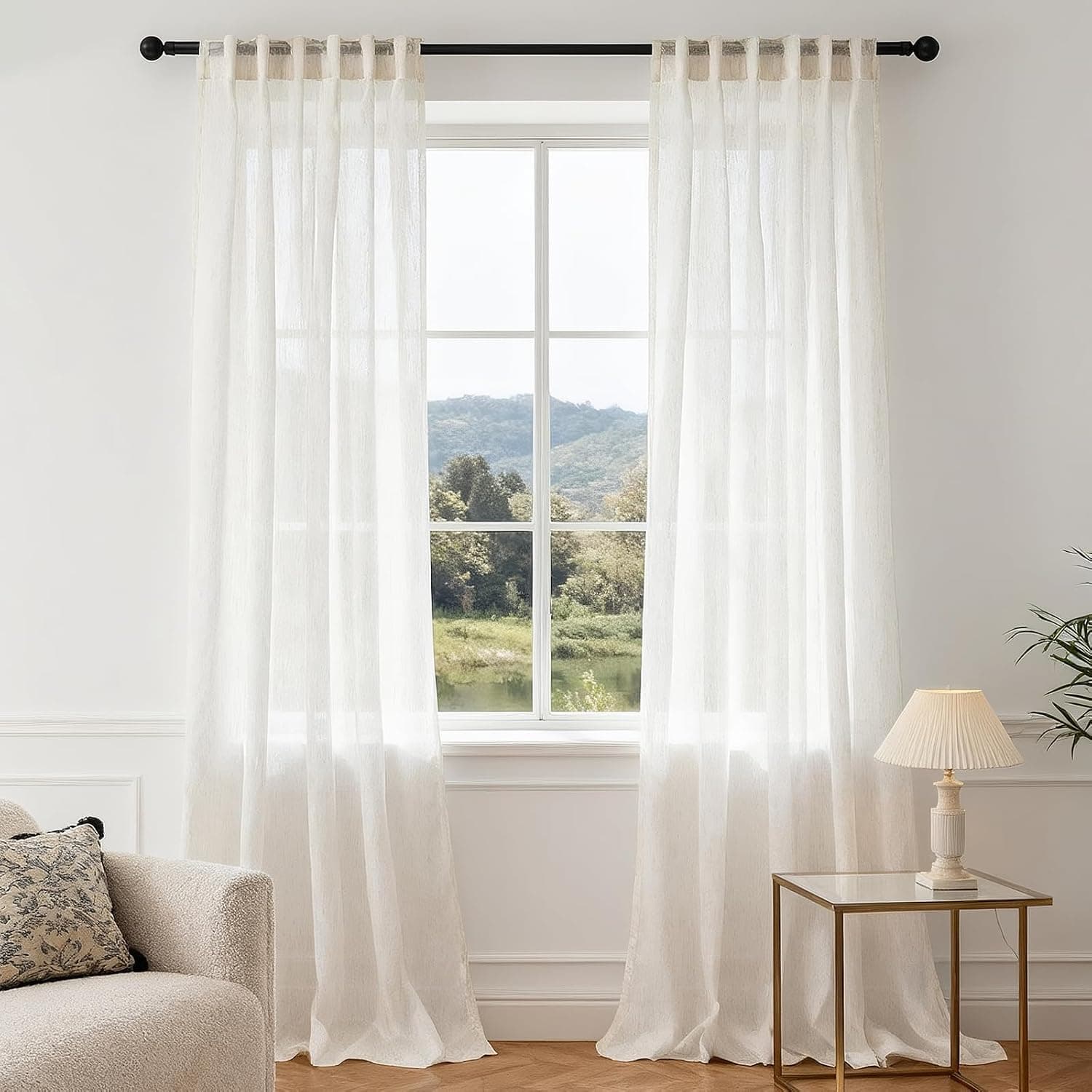 Linen Blend Sheer Curtains 102 Inches Long, 2 Panels, Natural