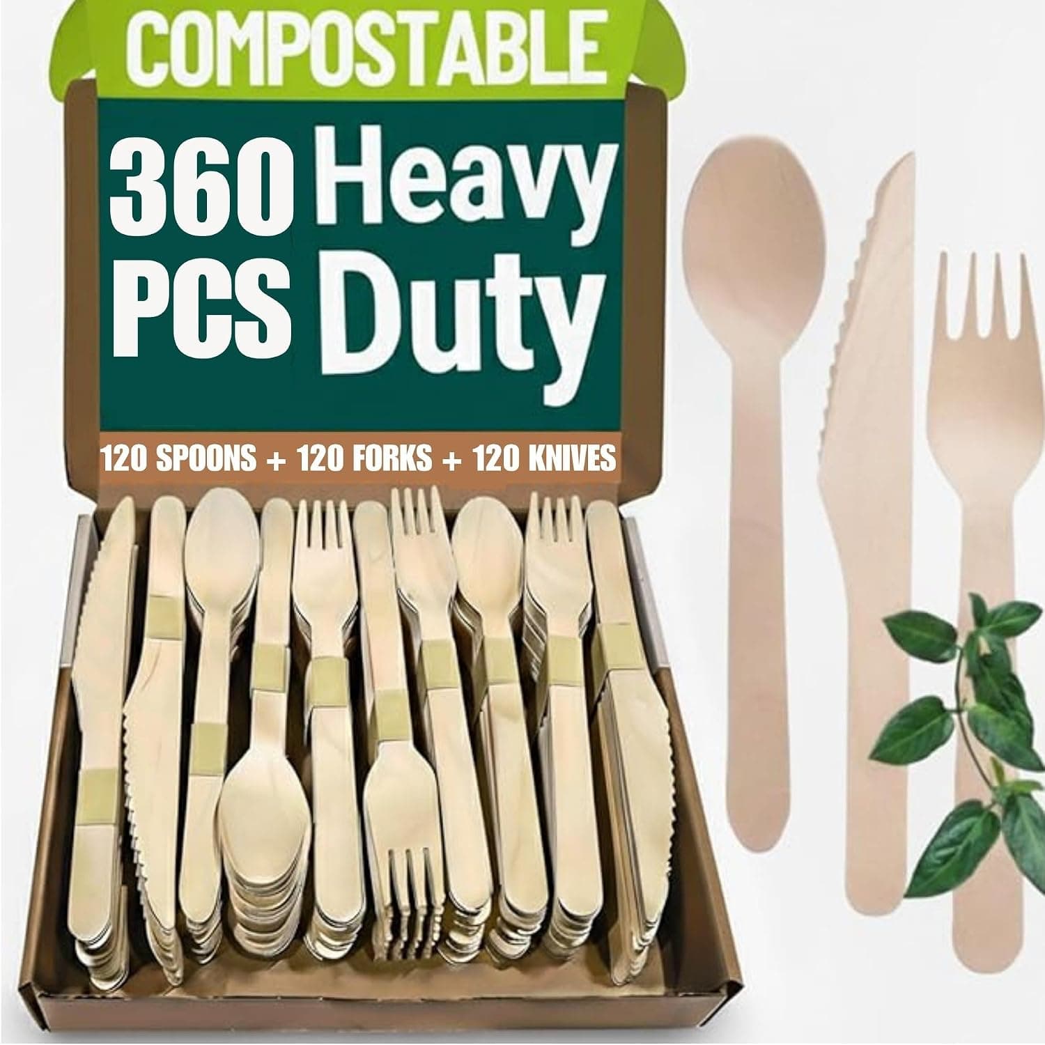 Wooden Cutlery Set Disposable - 360 PCS Wooden Compostable forks and Spoons with 120 Forks, 120 Spoons, and 120 Knives - Disposable Utensils Set for Outdoor, Party, Camping & More