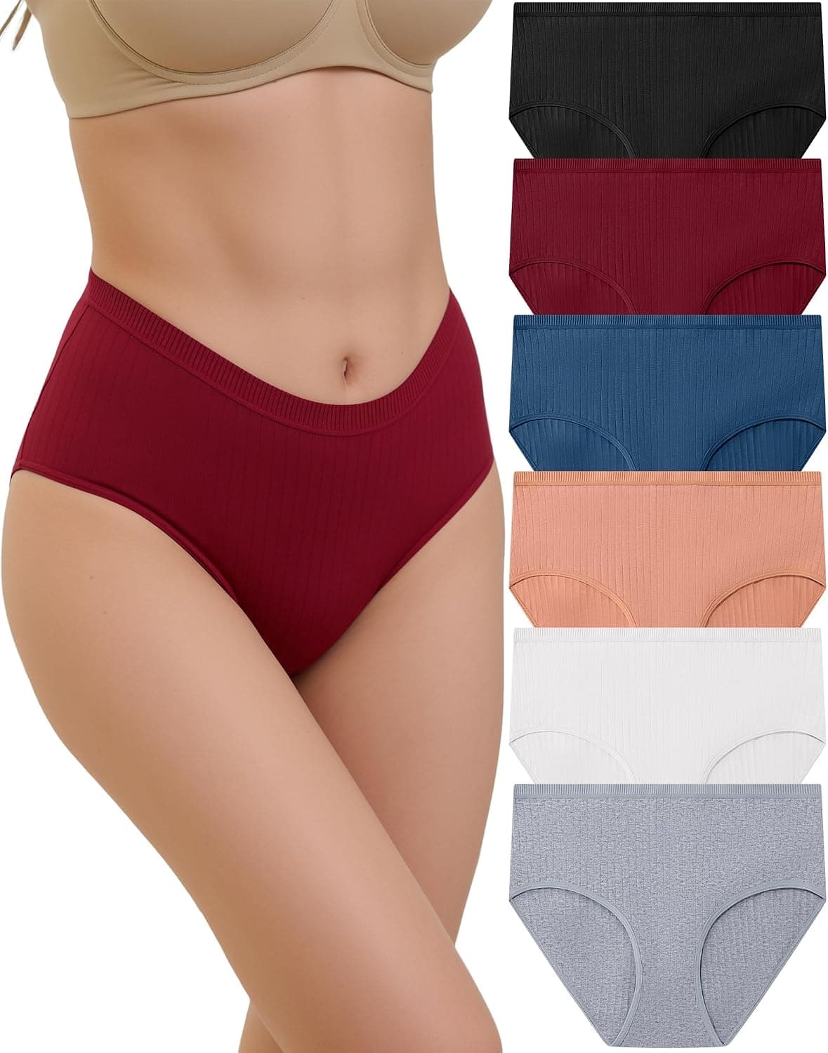 12 Pack Womens Underwear Ribbed High Waisted Cotton Briefs Full Coverage Cheeky Soft Ladies Panties Breathable