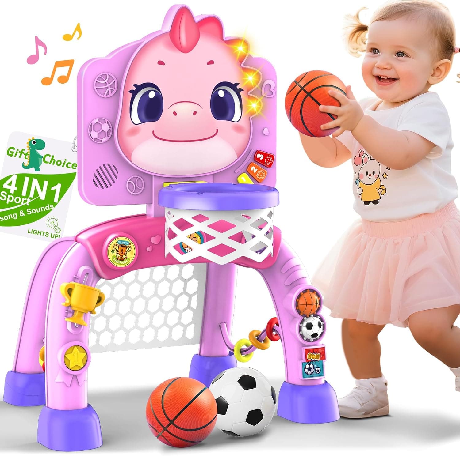 Basketball Hoop Toys for Toddlers: Dinosaur Activity Center with Lights Music - Indoor Sports Skills Development - 6, 12, 18, 24+ Month Christmas Birthday Gift for Baby, Boys & Girls