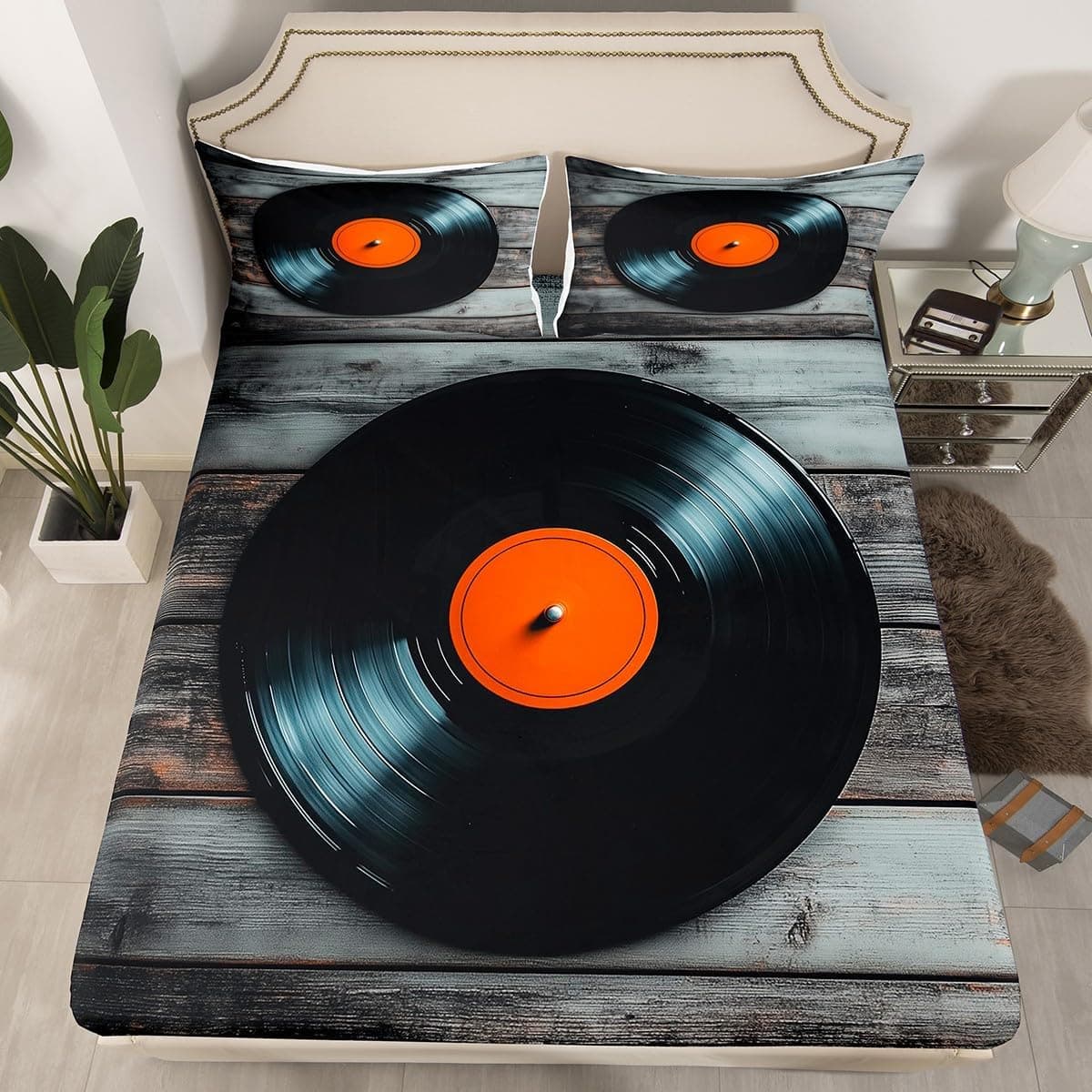 Black Vinyl Records Bed Sheets Vintage Cb Disc Print Full Size Fitted Sheet,Kids Boys Girls Musci Vinyl Sheets Retro Decor Bed Set for Teens Woman Men Home