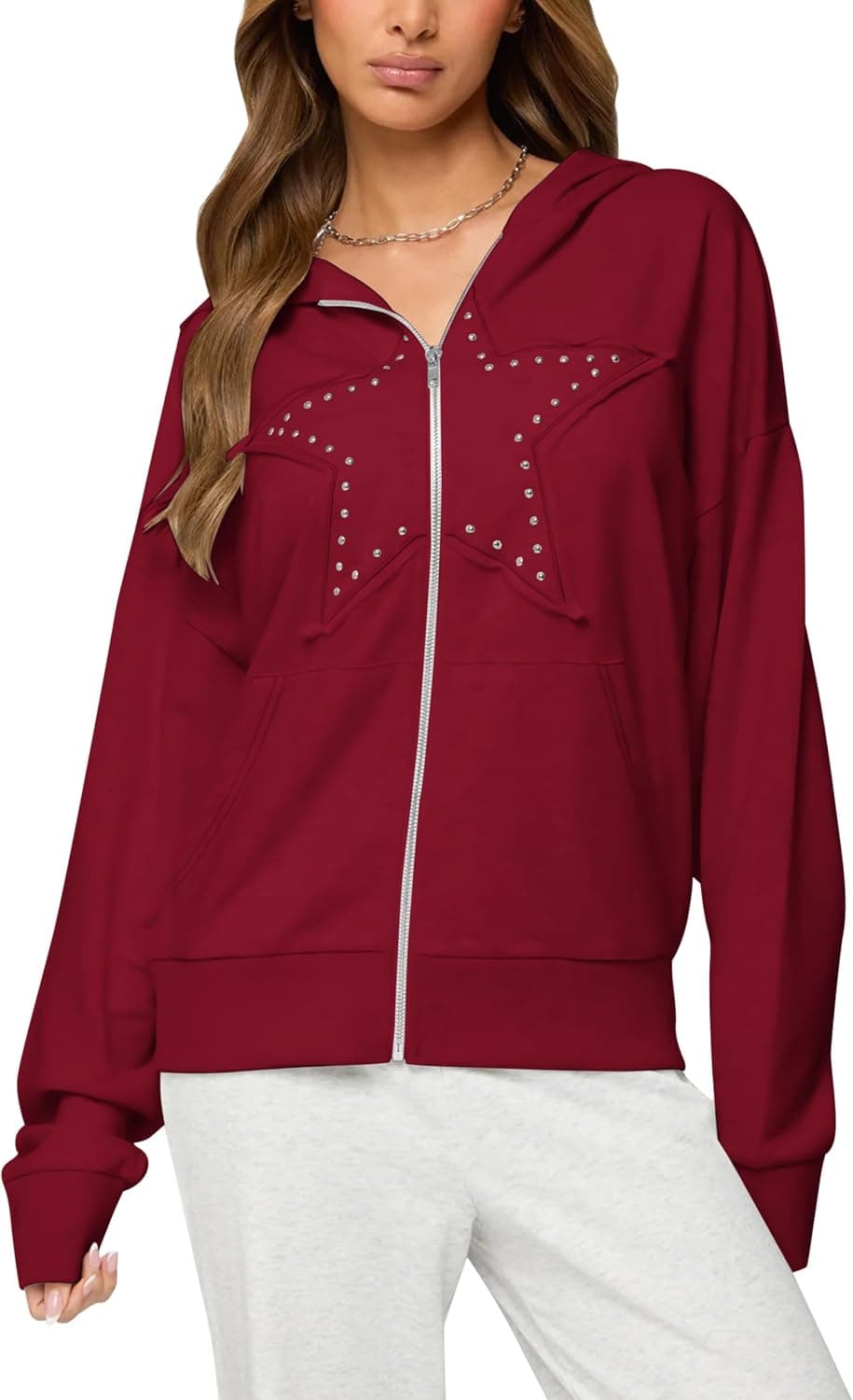 Lauweion Oversized Zip Up Hoodies Y2K for Womens Star Patch Hooded Sweatshirt Spring Streetwear Casual Zip Up Jacket