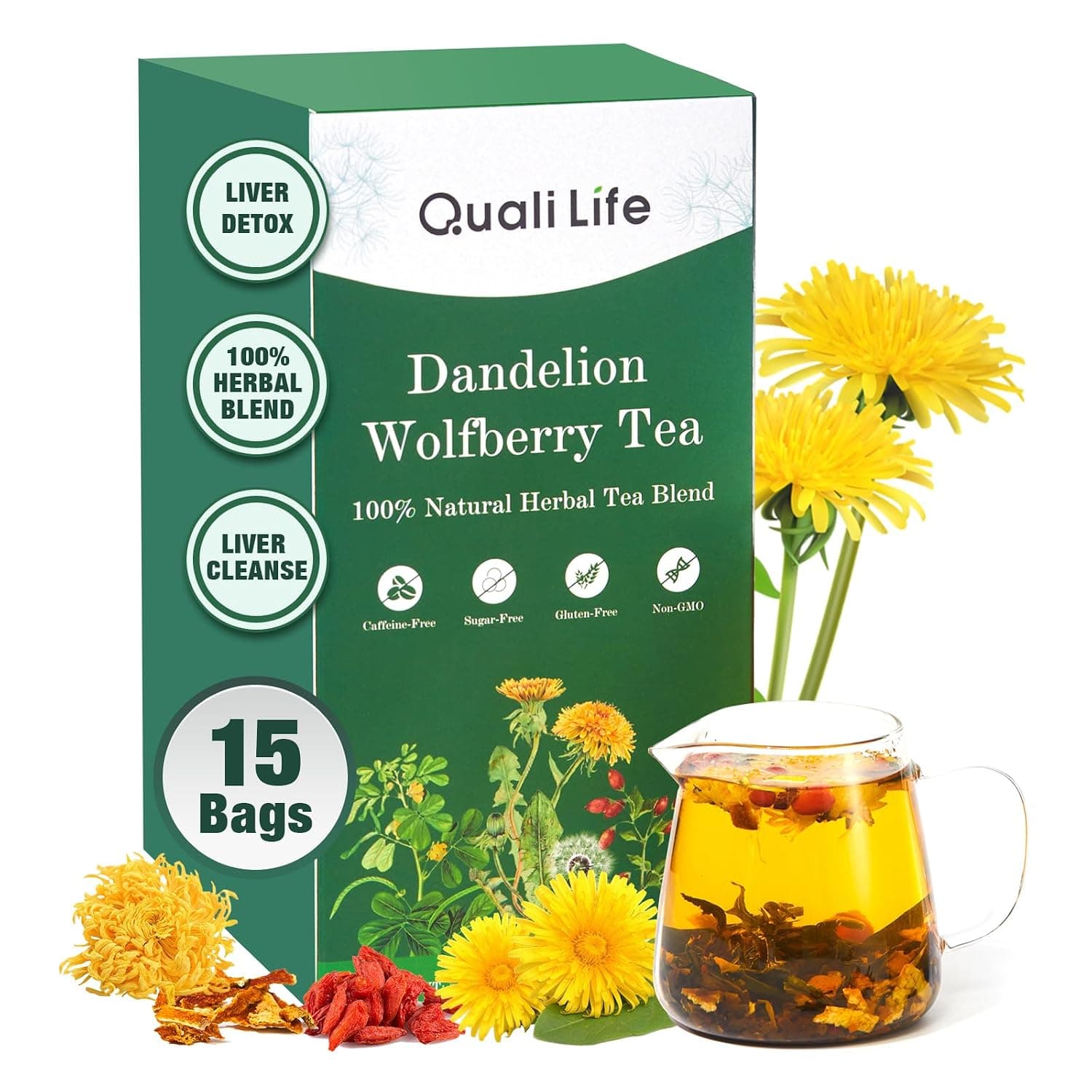 Dandelion Wolfberry Tea - Liver & Kidney Detox Herbal Tea, Summer Cleanse with Chrysanthemum, Wolfberry, Organic Dandelion Root, Cassia Seed, Licorice Chinese Herbal Tea Bag (30 bags)