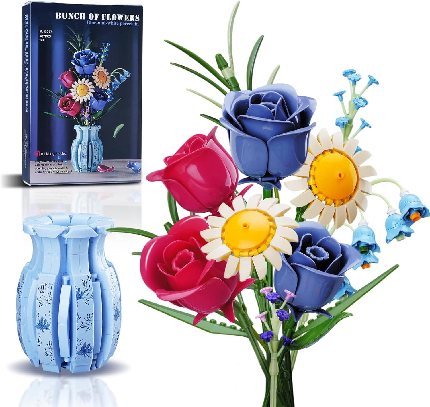 Building Blocks Flower Bouquet Kit - 787PCs Creative Construction Set with Purple/Red Roses, Sunflowers, Lavender & Art Vase, DIY Creative Gifts for Valentine's Day for Her/Mom/Girlfriend/Wife/Couple