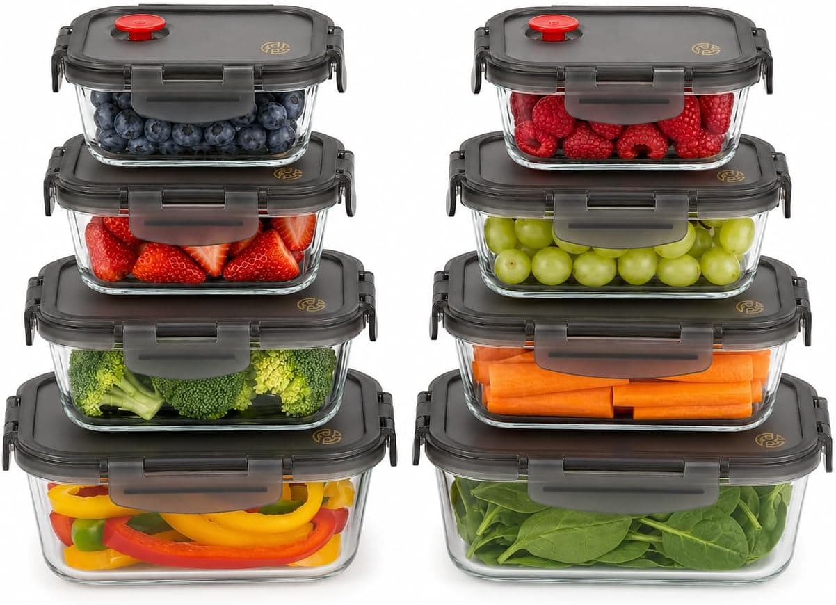 Borosilicate Glass Airtight Food Storage Containers with Vented Lids, Assorted Set of 8 (4 Rectangular & 4 Square)