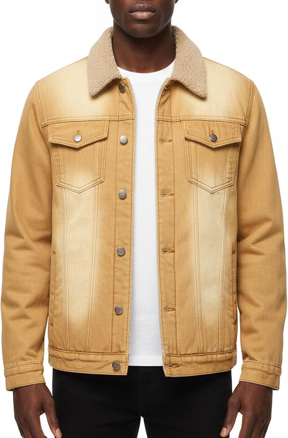 Men's Sherpa Fleece Lined Thicken Denim Jacket, Men Lapel Winter Warm Jean Jacket, Slim Fit Trucker Cowboy Denim Coat