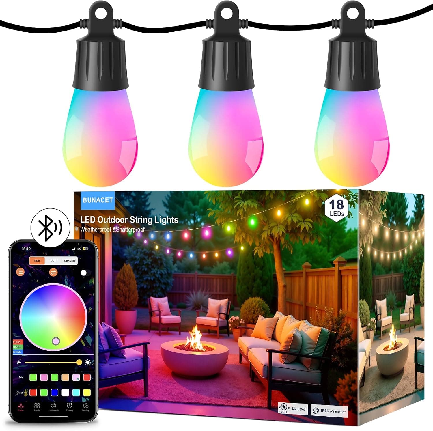 Outdoor String Lights 18 LED Bulbs, 64(52+12) ft RGB+IC+Warm White