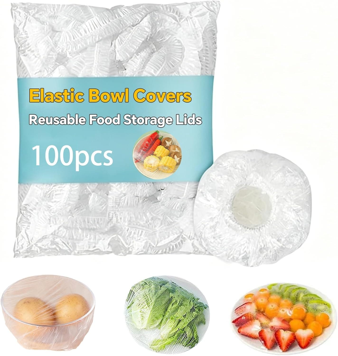 Reusable Elastic Bowl Covers - Plastic Wrap for Food, for Bread Proofing, efrigerator Storage & Shower Cap (White-100PCS)