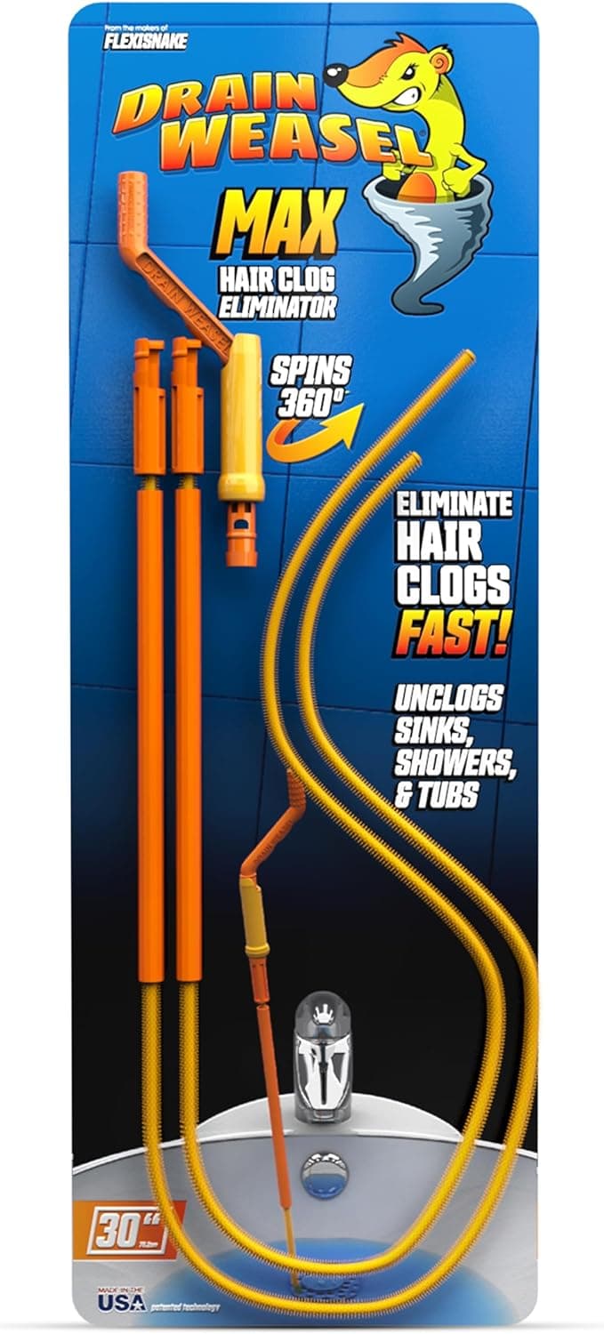 FlexiSnake Drain Weasel Max Sink Snake Hair Clog Remover Tool, 2 Wands
