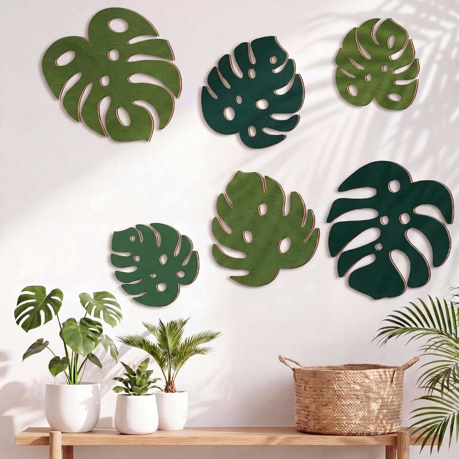 Yuntau 6 Pcs Tropical Wall Decor Palm Leaf 3D Wooden Monstera Hanging Art
