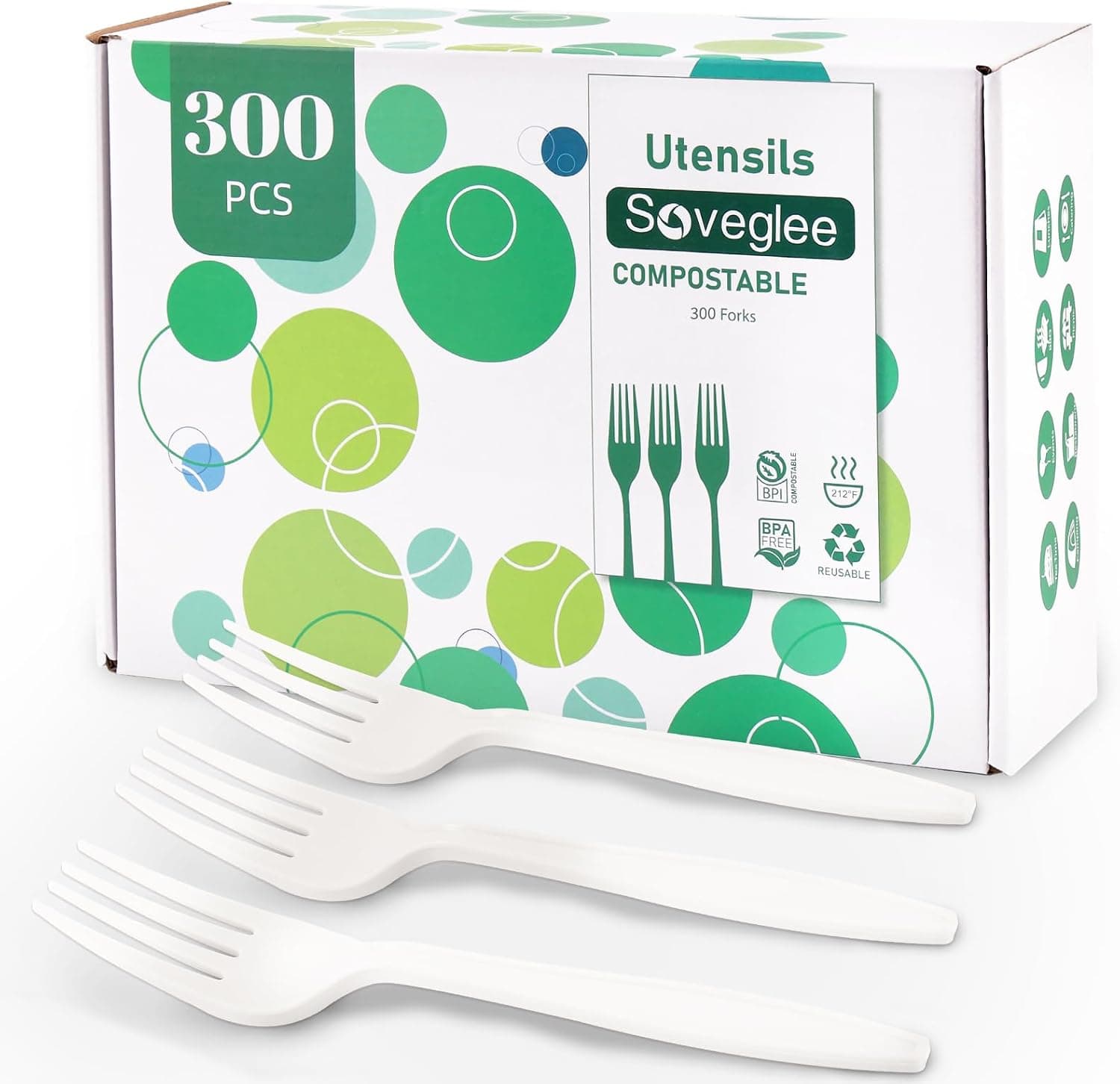 300 Count Compostable Forks, White Disposable Forks, Extra Heavy Duty No Plastic Compostable Biodegradable Utensils Silverware for Party Picnic Camping