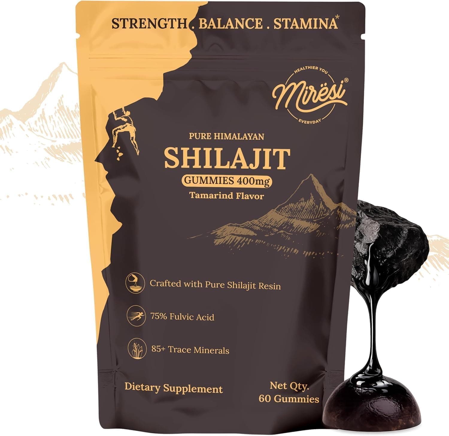 Miresi Shilajit Gummies – Tamarind Flavour | Rich in Fulvic Acid & 85+ Trace Minerals | Supports Energy, Stamina, Focus & Immunity | Vegan, Gluten-Free, No Additives | 60 Count