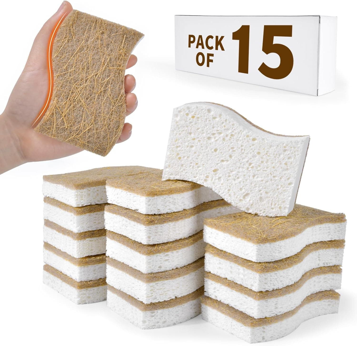 15 Pack Biodegradable Natural Kitchen Sponge - Compostable Cellulose and Coconut Walnut Scrubber Sponge - Eco Friendly Non Toxic Sustainable Sponges for Kitchen Dishes, Non Scratch Cleaning Sponge