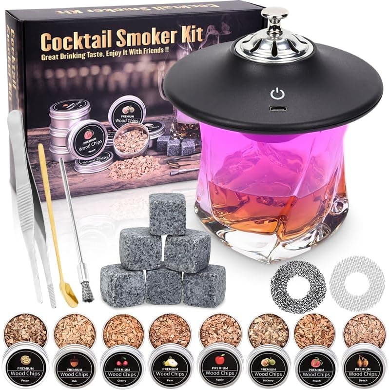 Electric Whiskey Smoker Kit, Old Fashioned Smoker Kit with 8 Wood Chip, Cocktail Smoker Kit with Whiskey Stone, Drink Smoker Gift Set for Birthday, Bourbon Whiskey for Men, Dad, Husband