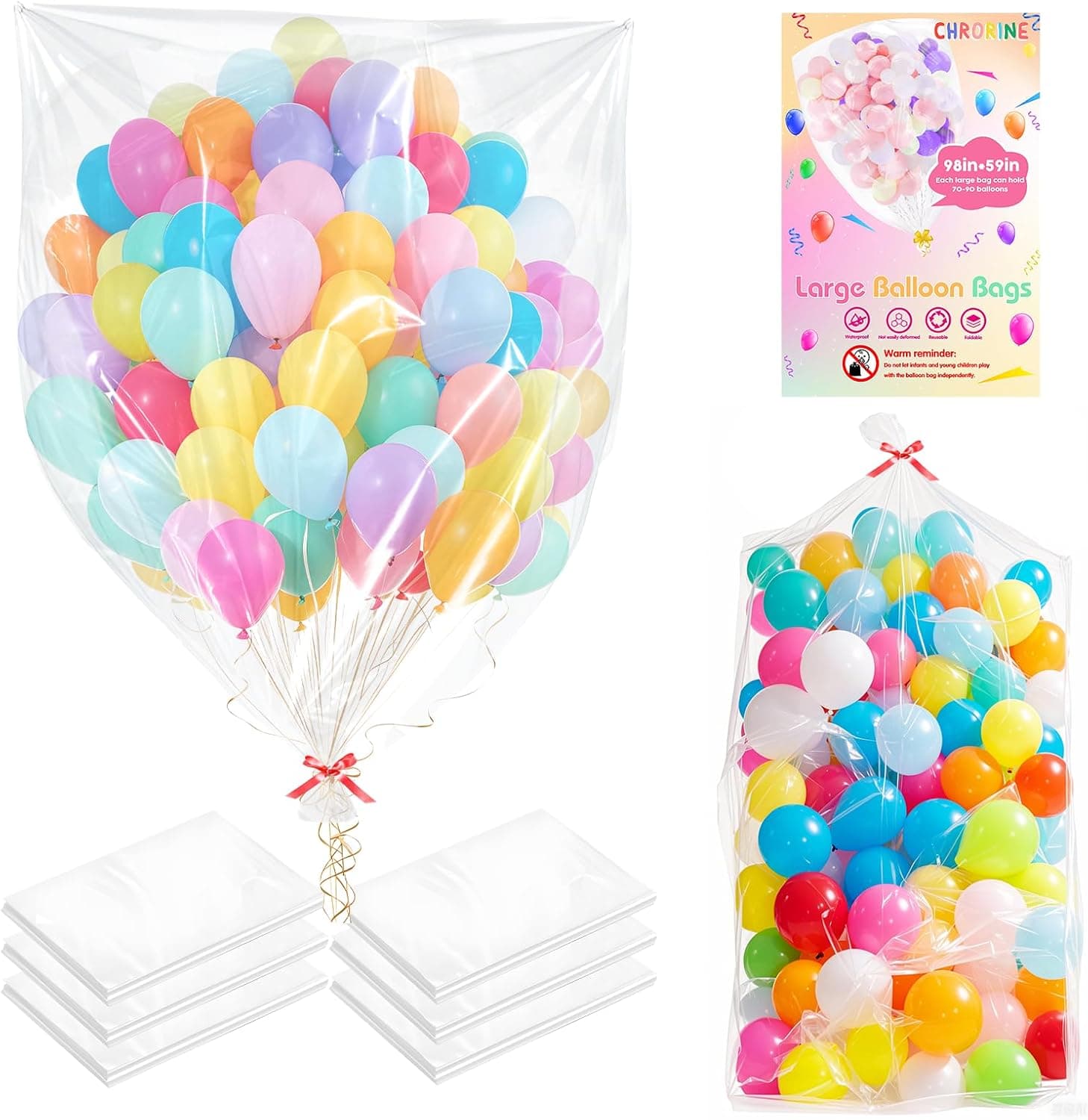 3 Pack Large Balloon Bag for Transport, 98 x 59 Inch Clear Balloon Drop Bag Big Large Plastic Balloon Bags for Wedding Birthday Party Supplies