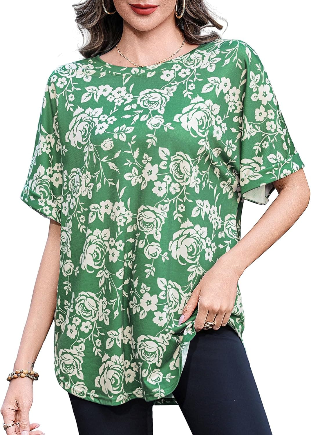 Totatuit Women Printed Oversized Tshirts Casual Crew Neck Rolled Short Sleeve Basic Tee Shirts Cute Loose Summer Boho Tops