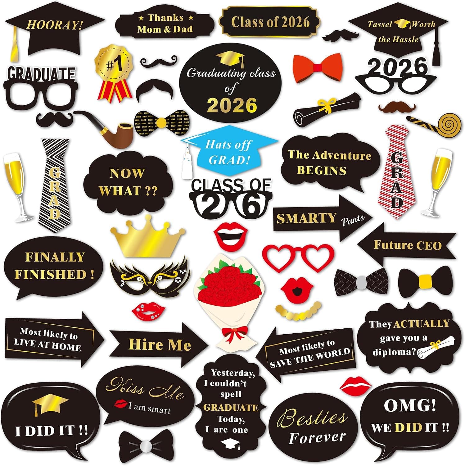 Graduation Photo Booth Props (100Count), Konsait Large Graduation Photo Props Class of 2026 Grad Decor with Sticks for Kids Boy Girl, Black and Gold, for Graduation Party Favors Supplies Decorations