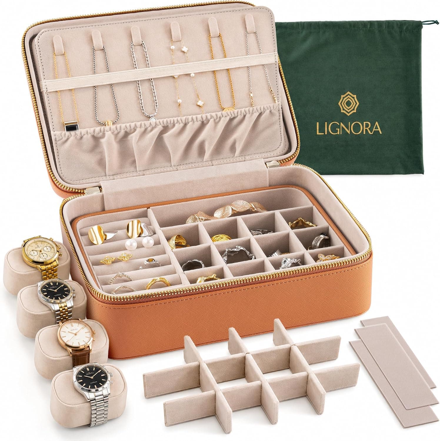 Luxury Travel Jewelry Organizer for Men & Women, Large Customizable Case