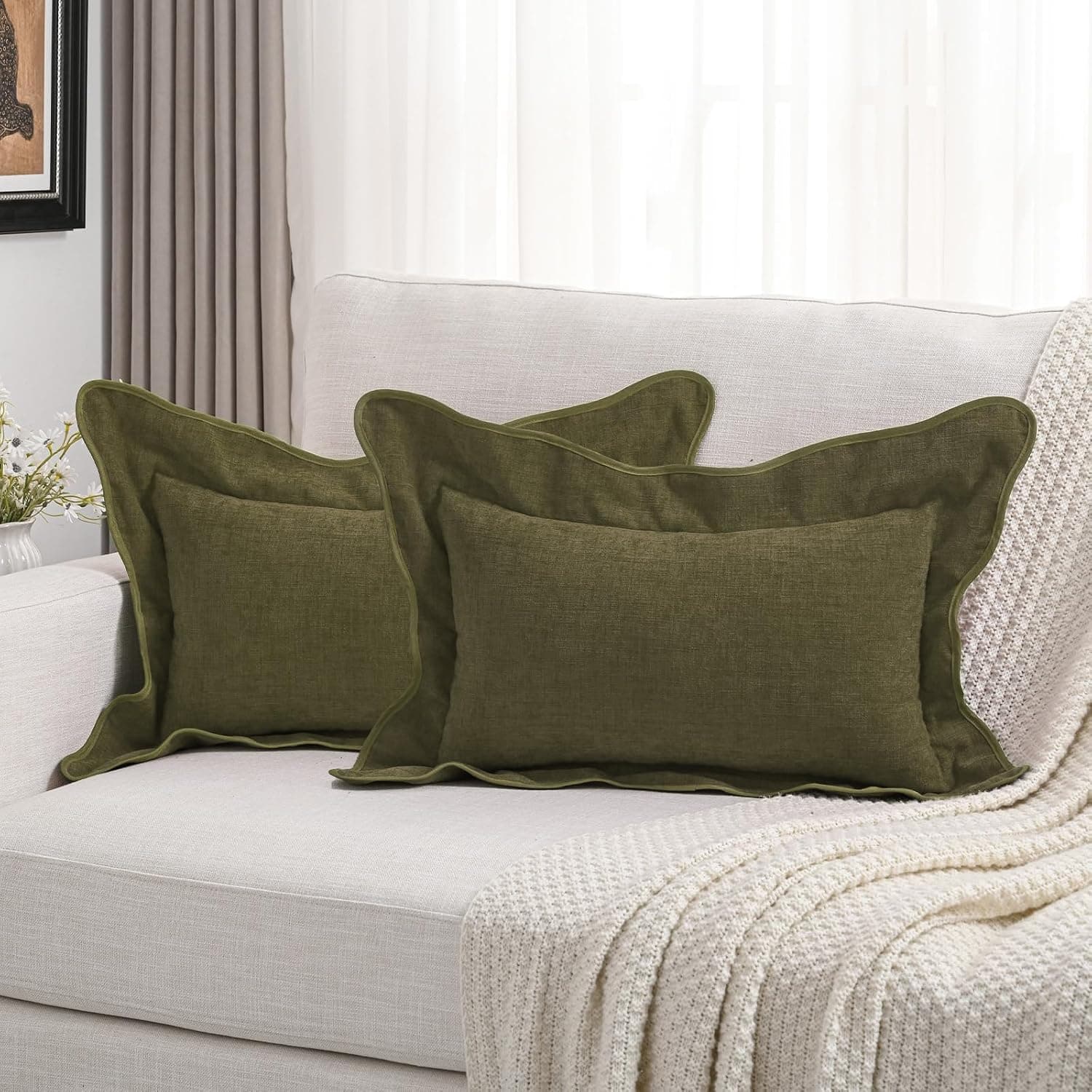 Pack of 2 Chenille Throw Pillow Covers 12x20 Inch, Olive Green